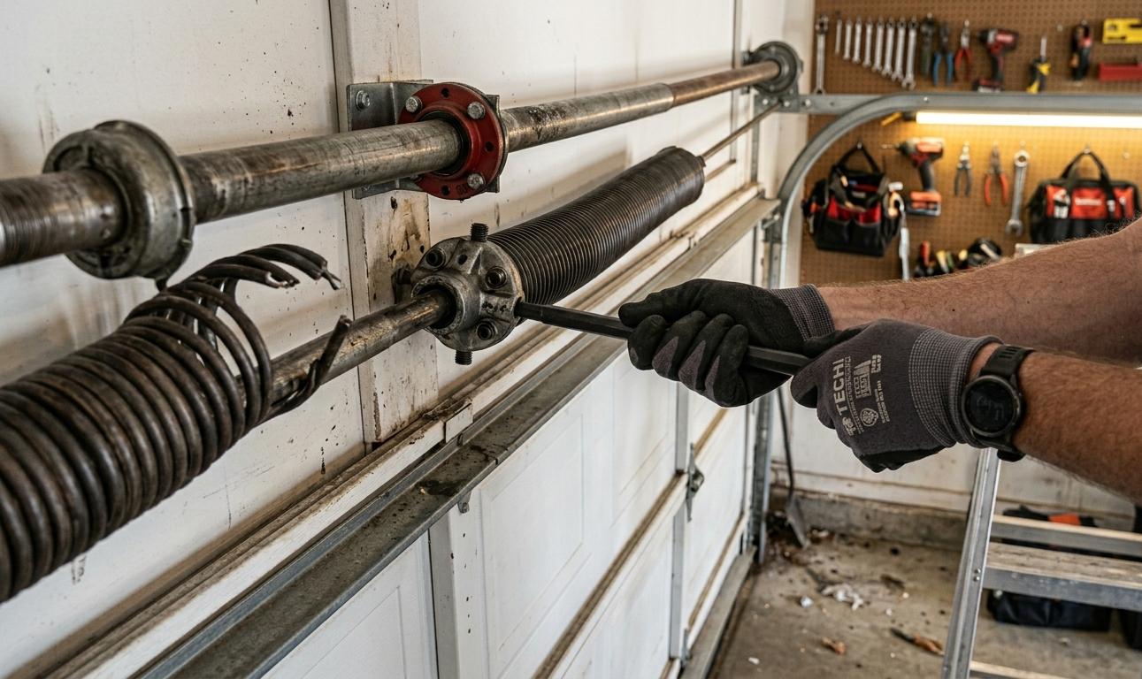 Garage door spring replacement in progress